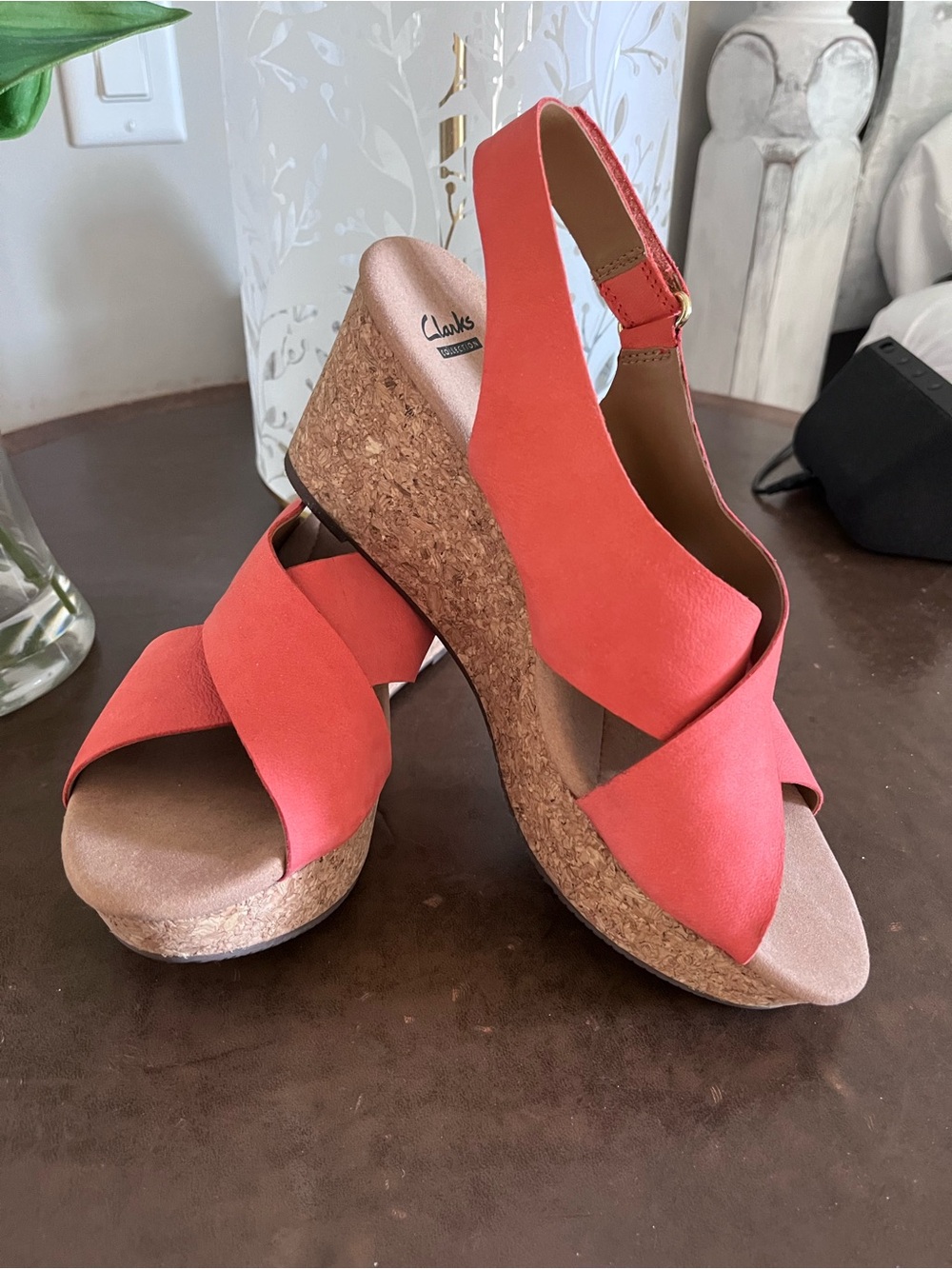 Clarks Coral Leather Cork Wedge Sandals